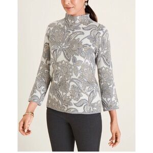 NEW Chico's JACOBEAN Cashmere Cotton Floral Soft Sweater Classic Gold Gray 4/XXL